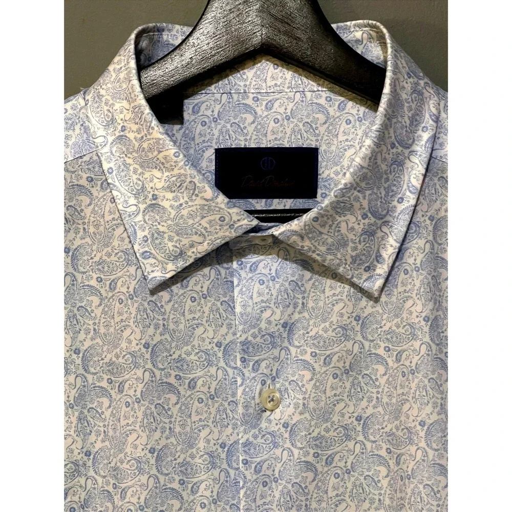 David Donahue Mens XL Light Blue Paisley Print 100% Cotton Button Down Shirt